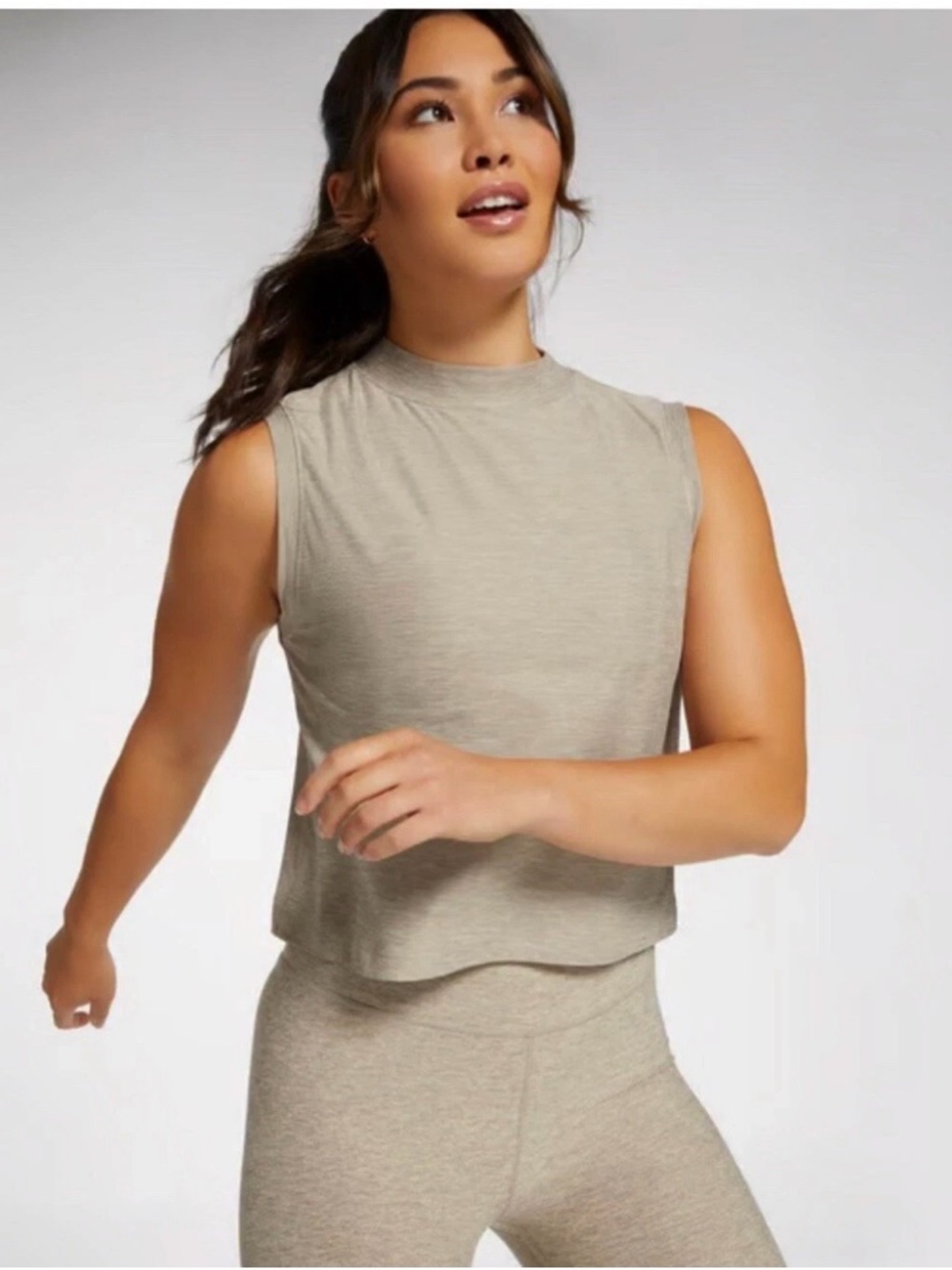 calia women's lustralux mock neck tank in neutral/tan grey Sz Medium NWT